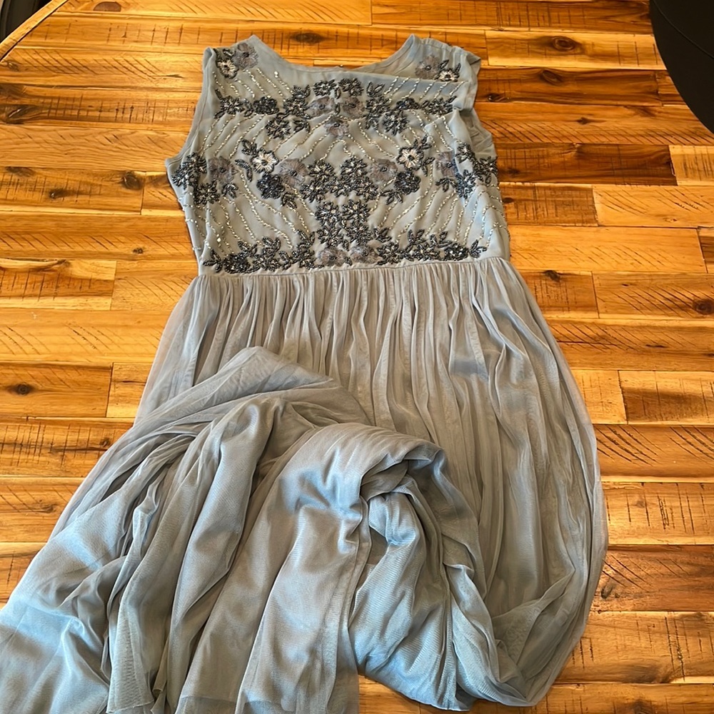 Dusty Blue Full Length Beaded & Tulle Dress